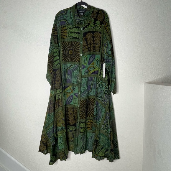Step In Style NWT Long Sleeve Button Down Lagenlook Boho Dress Sz One Plus Green - Picture 1 of 16